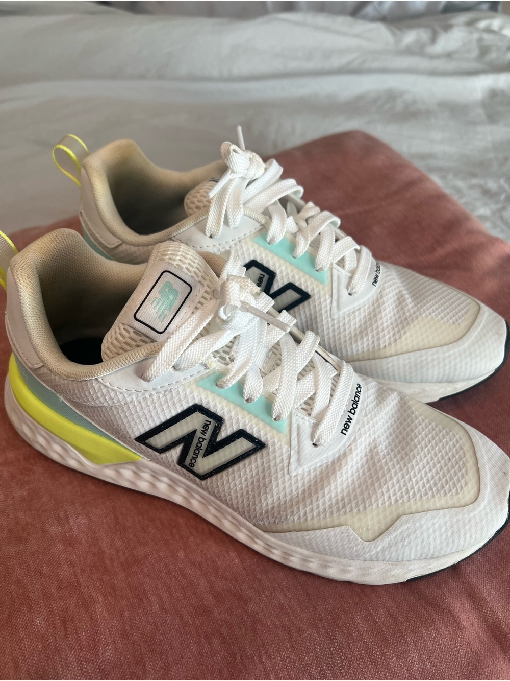New Balance Women’s White Sneakers with Neon Yellow and Aqua Accents